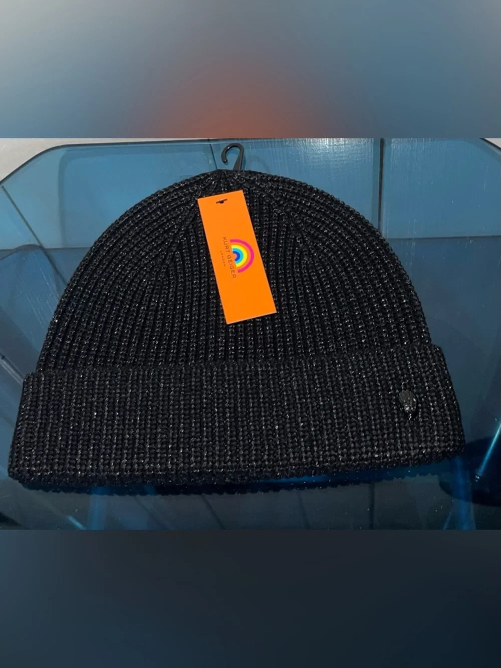 Kurt Geiger London Shimmer Black Sparkle Knit Beanie Winter Hat Eagle NWT - Picture 2 of 8